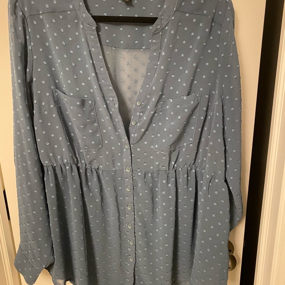 Torrid blue-grey button down dotted blouse, size 1